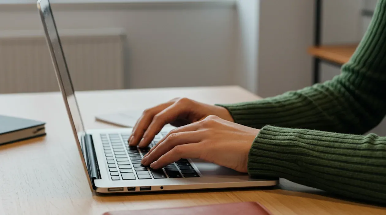 Hands typing on a laptop keyboard