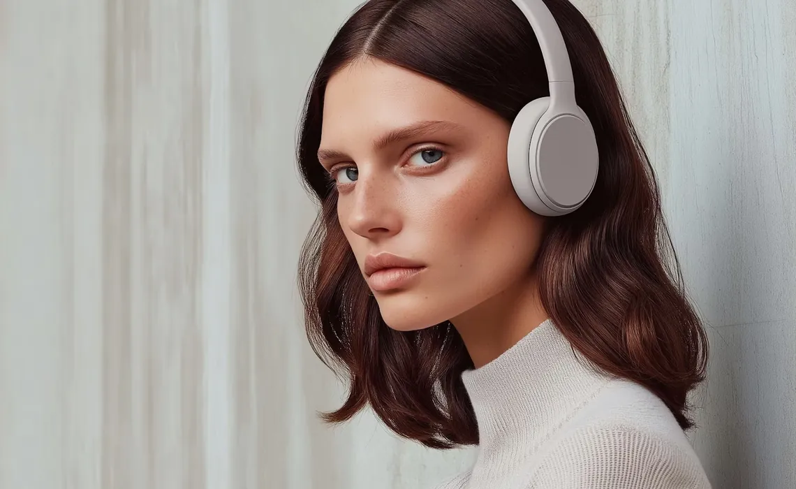 Woman wearing white over-ear headphones