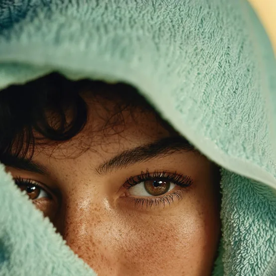 Close-up of a freckled eye in warm light