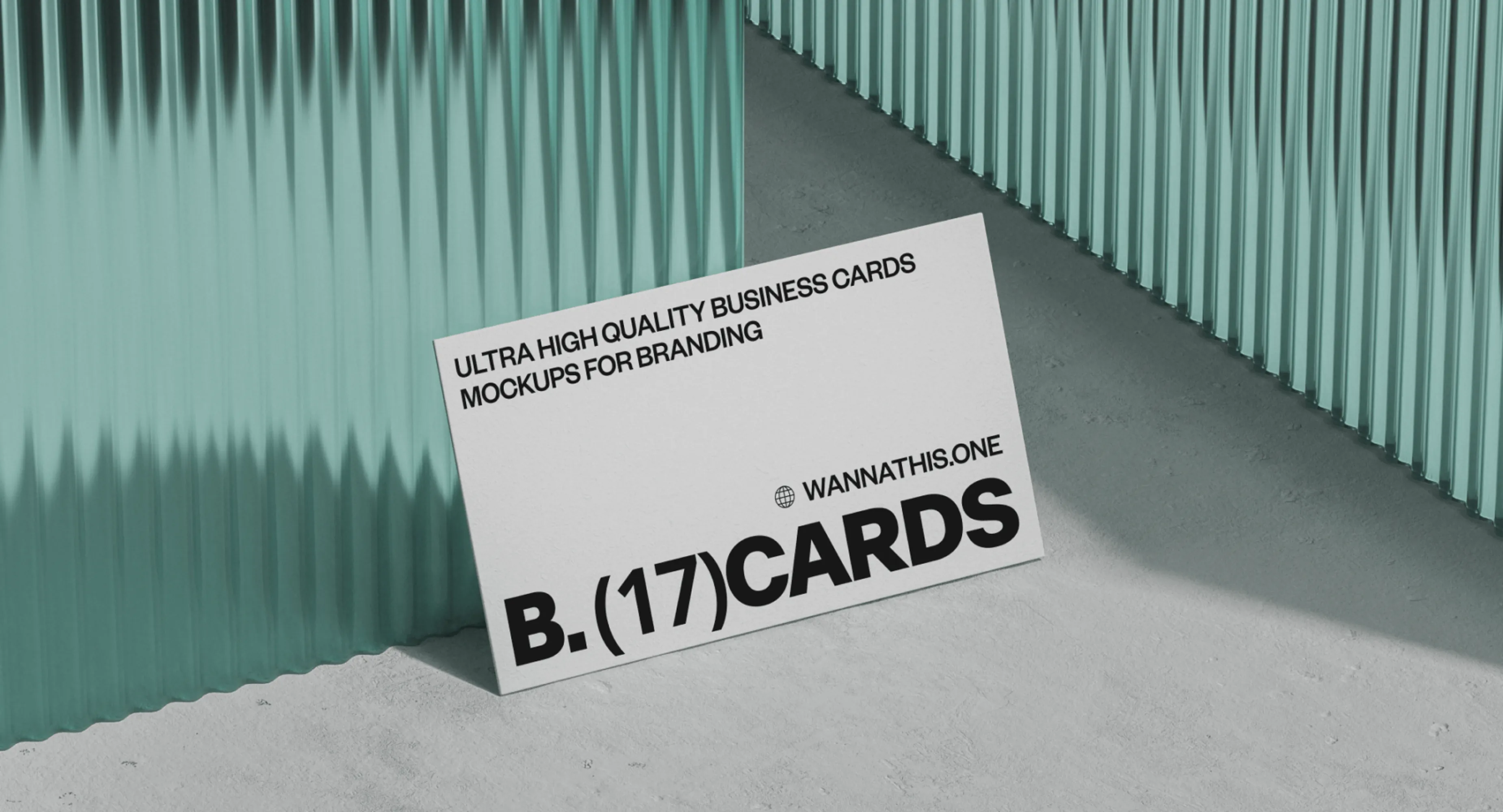 Business card mockup against a teal corrugated wall